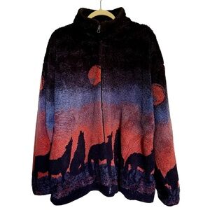 Vintage Mazmania Wolf Pack Sunset Fleece Jacket Wrap Around Graphic